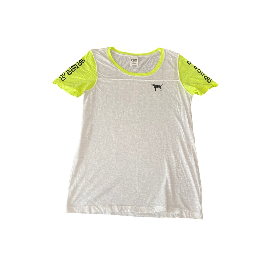 Victoria's Secret PINK T-Shirt Womens Large White Neon Yellow Y2K Logo Tee